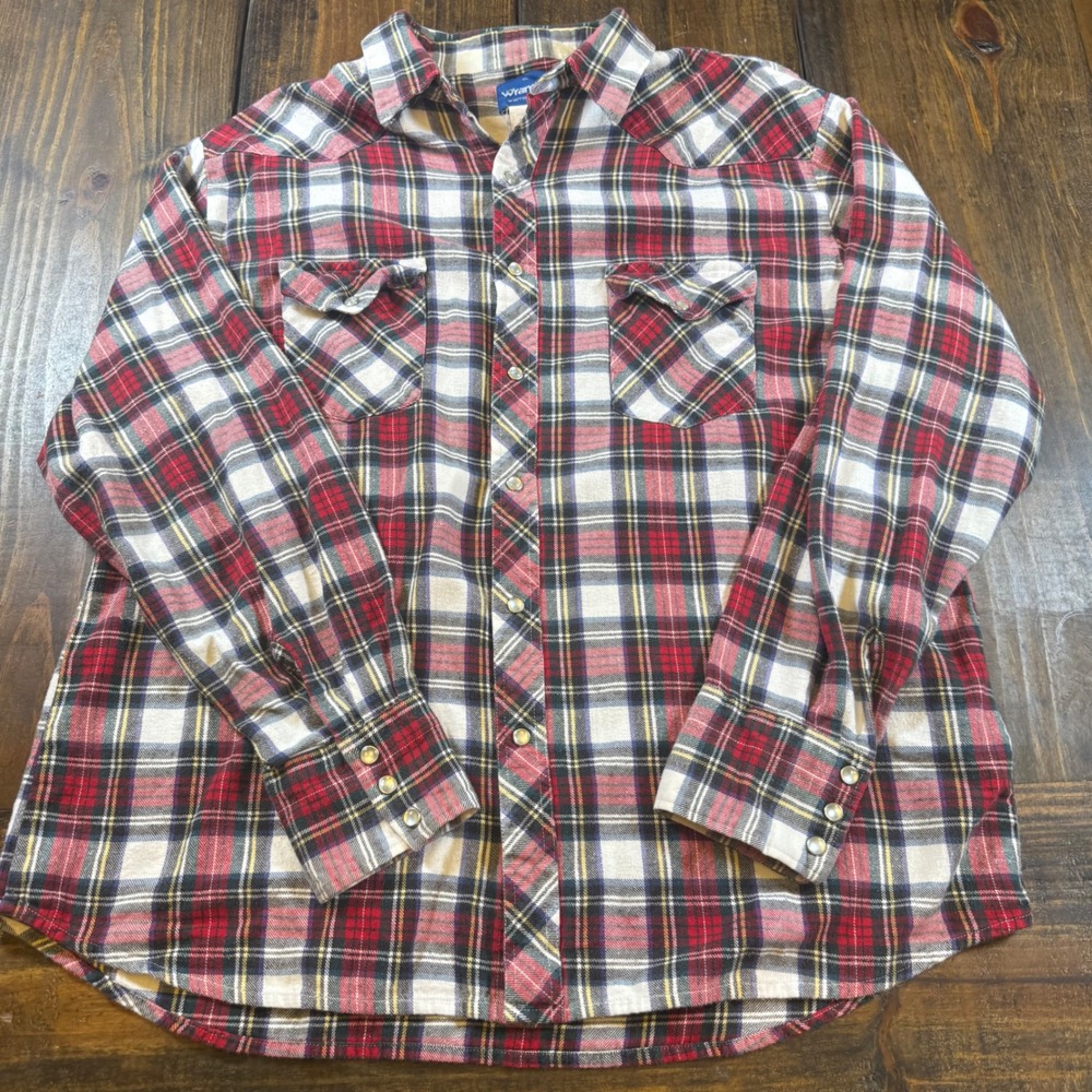 Wrangler Mens XL Red‎ Plaid Flannel Western Pearl Snap Shirt Long Sleeve Vintage